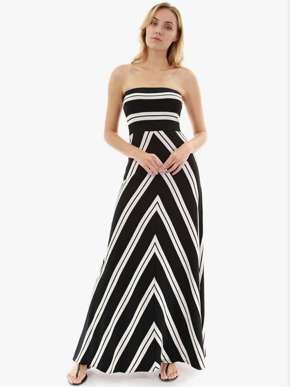 PattyBoutik Black and Ivory Strapless Chevron Maxi Dress